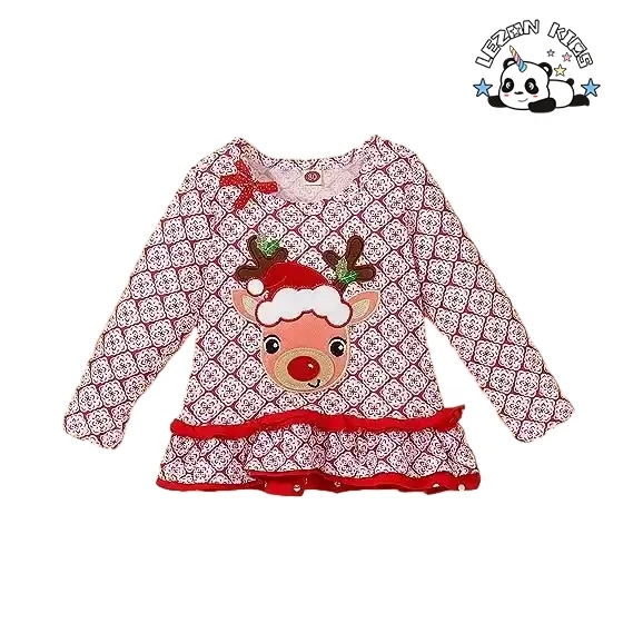 LEZONKIDS - Customizable Hot Sale Christmas Deer Outfit Long Sleeve Ruffle Top Fall Clothes Striped Flare Pants Set for Girls